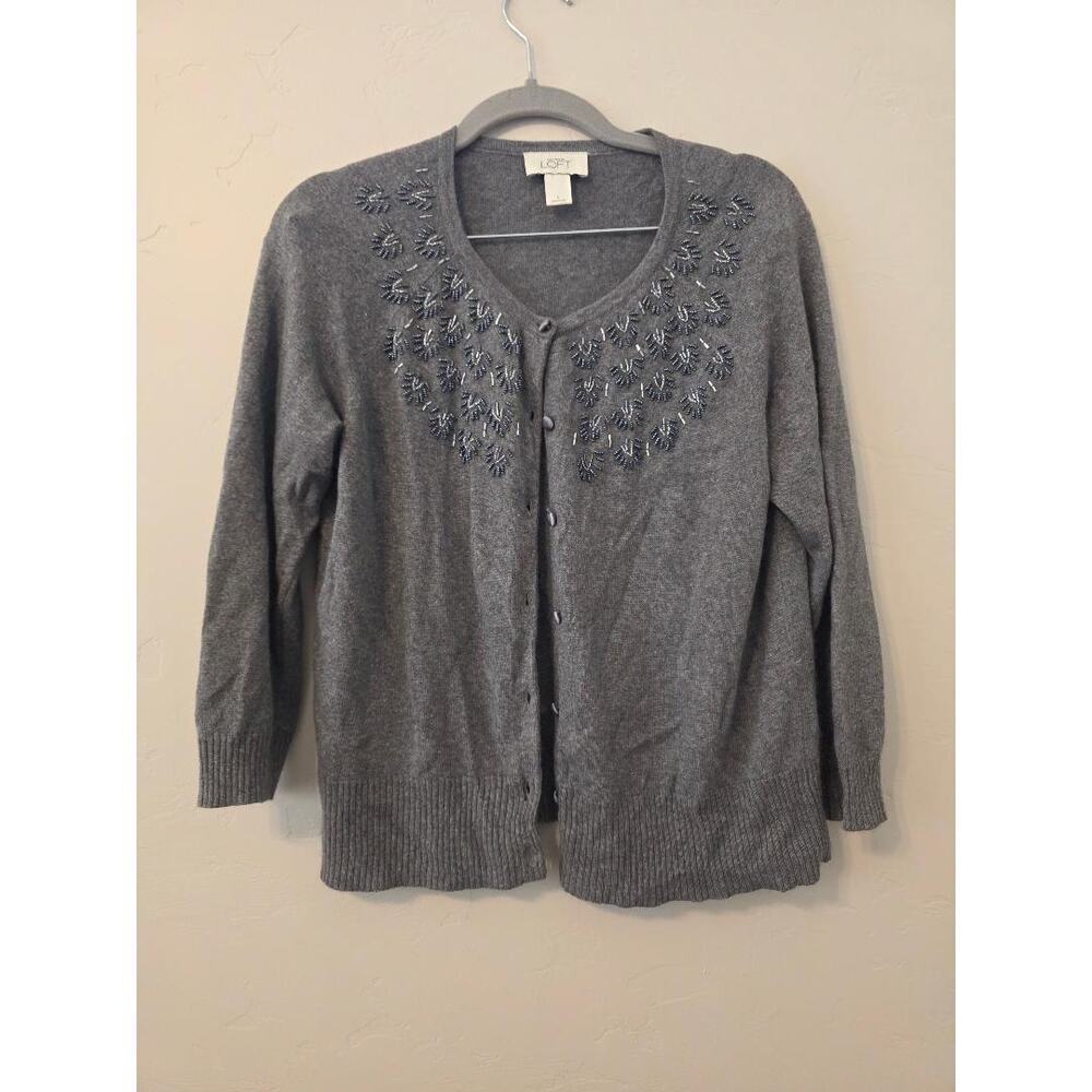 Ann Taylor Loft Beaded Cardigan Soft Girl Cozy Knit Grey Size L